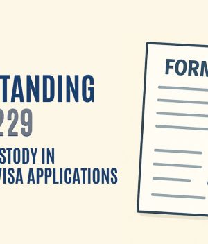 Parent signing Form 1229 for a child’s Australian visa application with legal documents, passport, and Australian flag in the background.