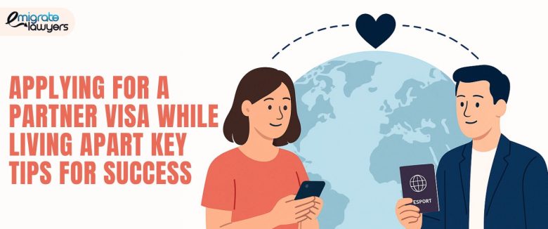 Illustration of a couple separated by distance applying for a partner visa with success tips.
