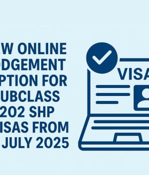 Illustration of online visa application with text- New online lodgment option for Subclass 202 SHP visas from 1 July 2025