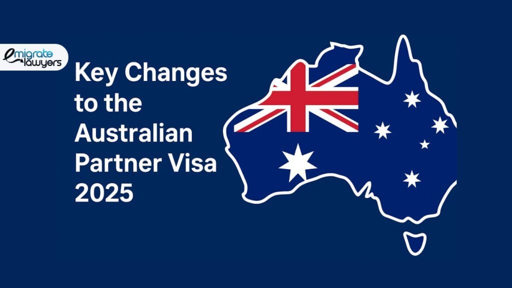 Graphic showing “Key Changes to the Australian Partner Visa 2025” with an Australian map featuring the national flag.