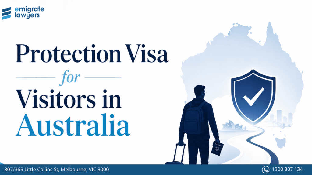 Minimalist blue and white graphic showing a visitor with luggage, an Australia map and a protection shield, representing Protection Visa Subclass 866 for visitors in Australia.